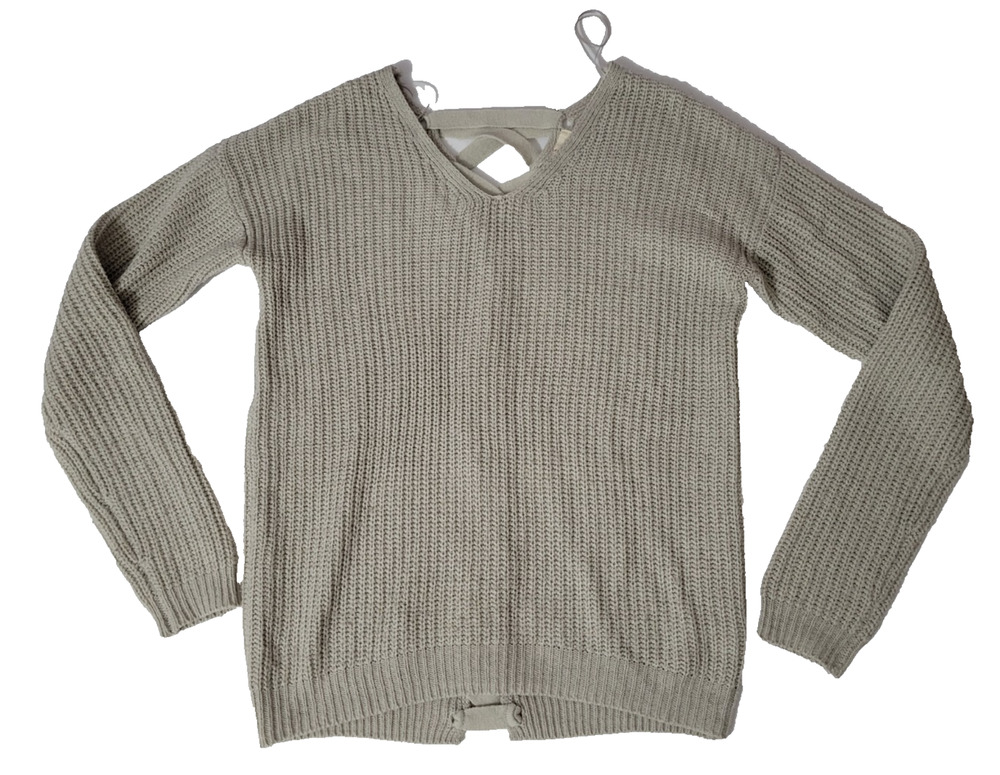 SO Juniors Small Gray Open Knit Sweater Lace Up Back Long Sleeve Pullover